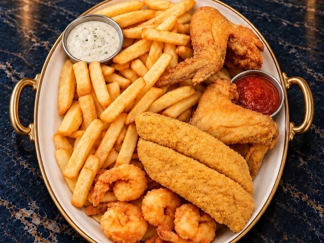 The Box "1pc Fish, 5pc Shrimp & 2 Wings with Fries and Drink".