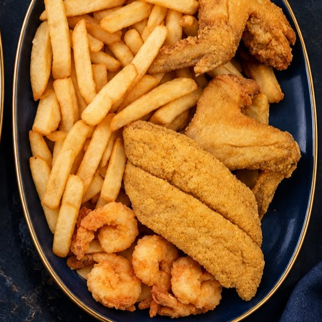 1pc Fish, 5pc Shrimp & 2 Wings.