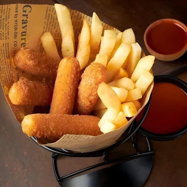 Jaws Hot Chicken & Seafood's fries and mozzarella sticks in a paper cone with two dipping sauces.