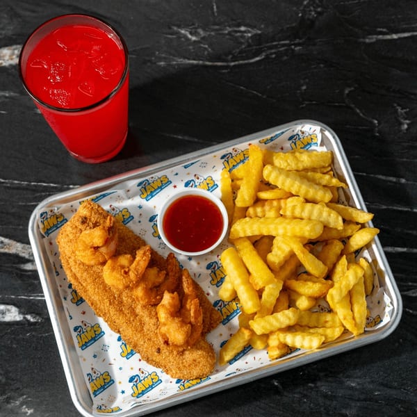 Fried fish and shrimp with crinkle-cut fries, dipping sauce, and a red drink served on a branded tray.