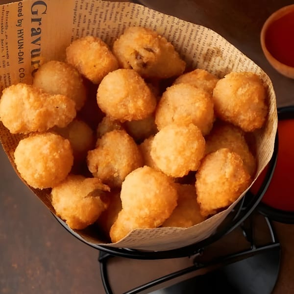 Golden-brown fried mushrooms in a paper-lined basket, with a side of red dipping sauce.