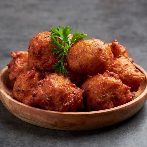 A wooden bowl filled with golden-brown, fried hush puppies, garnished with fresh parsley.