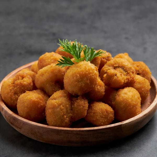 A wooden bowl filled with golden-brown fried mushrooms, garnished with fresh parsley.