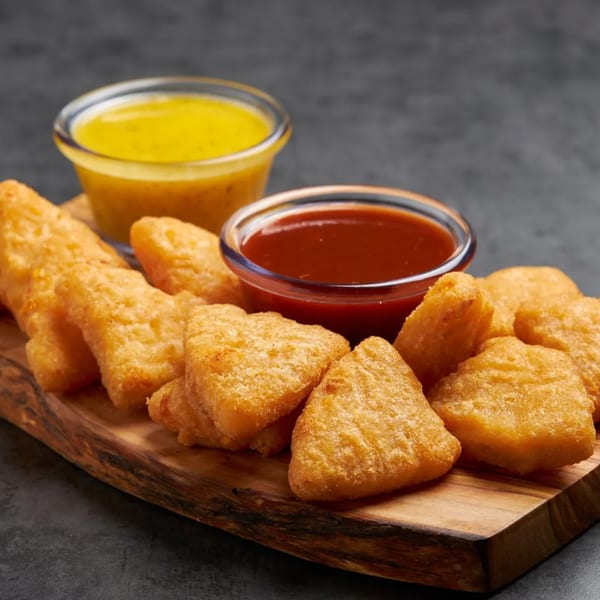 Golden fried Jaws Hot Chicken & Seafood nuggets on a wooden board with two dipping sauces.