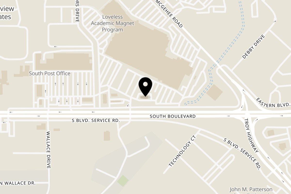Map showing the location of Jaws Hot Chicken & Seafood Montgomery on 2955 E S Blvd in Montgomery