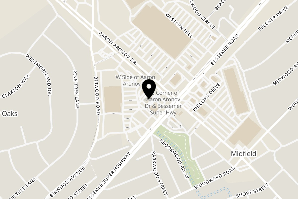 Map showing the location of Jaws Hot Chicken & Seafood Midfield on 100 Weibel Dr in Midfield
